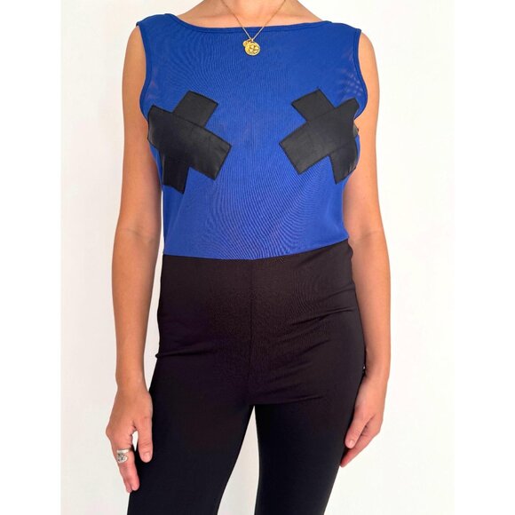 vintage blue fitted clubbing festival party backless mesh pant catsuit jumpsuit - Picture 8 of 9